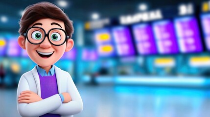 A cheerful cartoon character stands in an airport setting, wearing glasses and a white lab coat. The background features blurred flight information screens, creating a vibrant, welcoming atmosphere.
