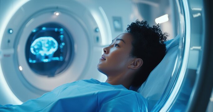 Female patient receiving brain mri scan, medical imaging monitor displaying neurological diagnostic process in modern healthcare setting - Powered by Adobe