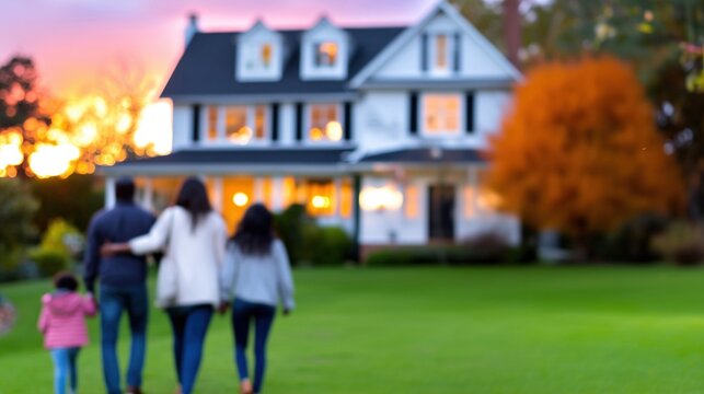 A warm family moment captured at dusk, featuring a group walking towards a charming house. The exterior is highlighted by soft, ambient lighting and a vibrant sunset.