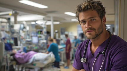 A focused male nurse in scrubs stands confidently in a busy hospital environment. The background shows medical equipment and patients, highlighting a caring atmosphere.