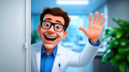 A cheerful cartoon doctor with glasses waves from a doorway. The bright and welcoming office backdrop creates a friendly, professional atmosphere, ideal for healthcare-related visuals.