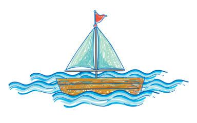 Hand drawn sailboat on blue waves illustration