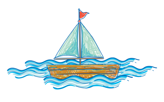 Hand drawn sailboat on blue waves illustration