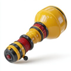 Obraz premium A brightly colored wooden maraca with yellow red and black stripes on a white background