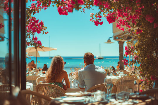 Couple at romantic restaurant enjoying vacation spot bright sunny day outdoor dining sea view blooming flowers relaxed atmosphere summer happiness - Powered by Adobe