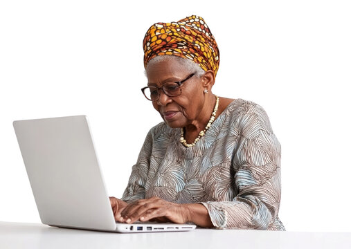PNG African senior woman working laptop computer clothing. - Powered by Adobe