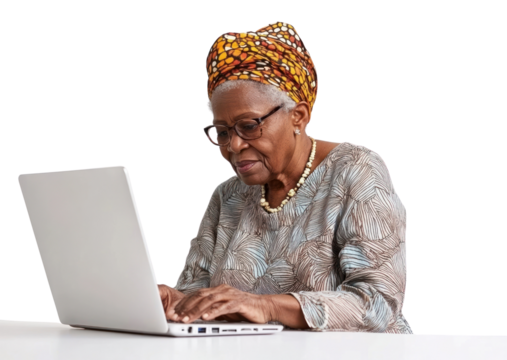 PNG African senior woman working laptop computer clothing.