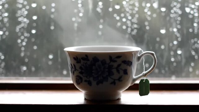 Steaming cup of hot tea with a teabag on a windowsill during a rainy day