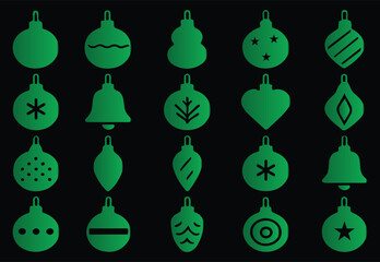 A collection of twenty unique black and white christmas ornament icons, each with a distinct shape and design, perfect for holiday decorations
