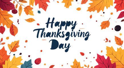 Fototapeta premium Happy thanksgiving day text with autumn leaves border