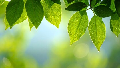 Morning dew drops on vibrant green foliage close-up
