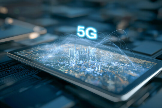 Tablet city 5G network holographic digital technology connection futuristic communication glowing innovation urban wireless internet modern smart data coverage blue electronic device interface