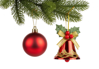 Red christmas bauble and a festive bell ornament hanging from a pine tree branch, isolated on transparent background