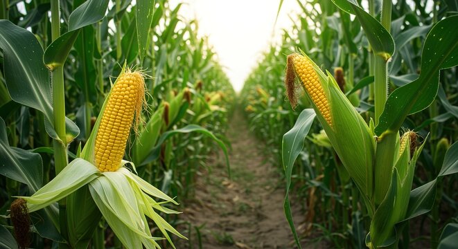 Corn field with ripe ears of in summer cornfield agriculture crop farm food harvest plant cob stalk grain yellow green leaf rural