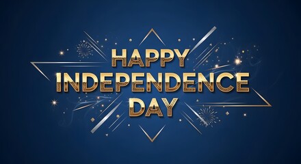 Golden happy independence day text with starburst and confetti on blue background