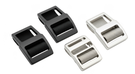 Four different buckles, two black and two silver, isolated on transparent background