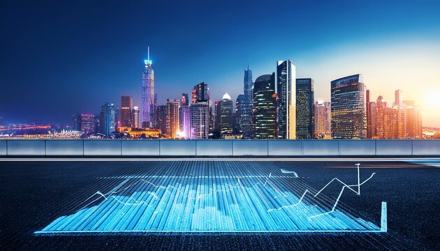 digital display stands road showcasing rising graph against backdrop of modern city skyline scene conveys innovation and technology urban