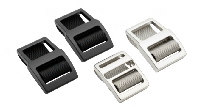 Four different buckles, two black and two silver, isolated on transparent background