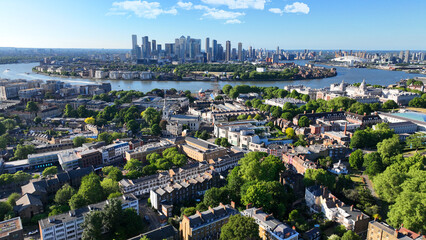 Aerial drone photo of scenic village of Greenwich and Peninsula of Northern part, London, United...
