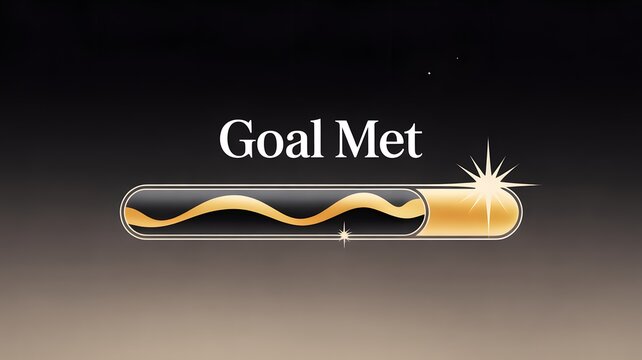 Digital screen congratulating a "Goal Met" achievement, featuring a dynamic, glowing golden soundwave or progress bar culminating in a bright, celebratory starburst on a dark, sleek background.