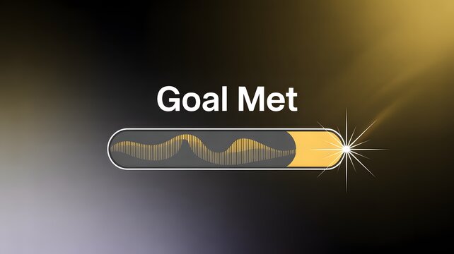 Digital screen congratulating a "Goal Met" achievement, featuring a dynamic, glowing golden soundwave or progress bar culminating in a bright, celebratory starburst on a dark, sleek background.