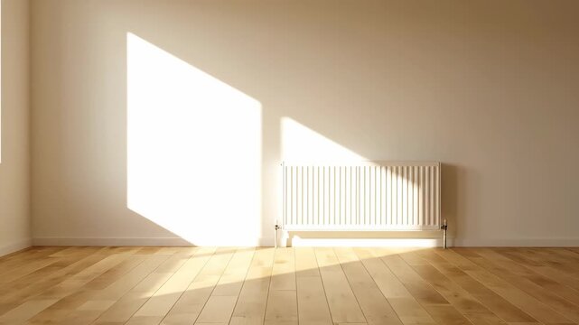 Beam of sunlight drifting across the sleek wooden floor and clean white wall of an uncluttered room. The modern interior is bathed in a radiant glow
