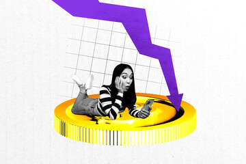 Image pop full art collage of inexperienced businesswoman stand dollar coin arrow regress statistics fall economy inflation