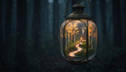 A lantern hangs in a dark forest showing a small house with a lit path in front. Trees surround the scene, creating a magical atmosphere at night.
