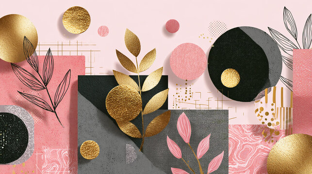 Abstract geometric composition with golden leaves and circles on a pink background, creating a modern and elegant design for wallpapers and backgrounds
