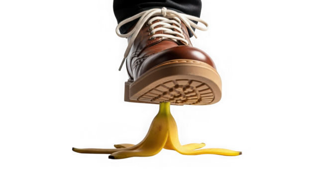 Foot about to step on banana peel, danger