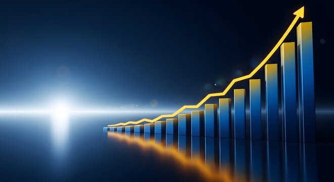 Upward trending bar chart with golden arrow showing growth - Powered by Adobe