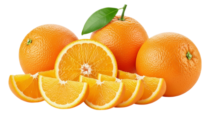 Vibrant fresh citrus oranges: whole, half, and juicy wedges.