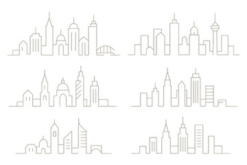 Hand-Drawn Beige Cityscape Collection with Bridges and Towers on Black Background