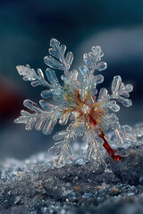 Flocon de neige en macro, cristal de glace lumineux posé sur du givre avec reflets d’hiver et ambiance froide nocturne