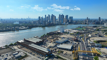 Obraz premium Aerial drone photo of iconic skyscraper complex and business area of Canary Wharf, Docklands, London, United Kingdom