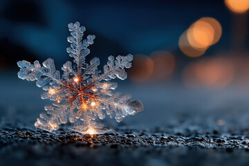 Flocon de neige en macro, cristal de glace lumineux posé sur du givre avec reflets d’hiver et ambiance froide nocturne