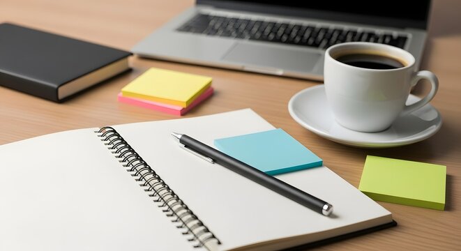 Desk setup with laptop notebook coffee and sticky notes for work