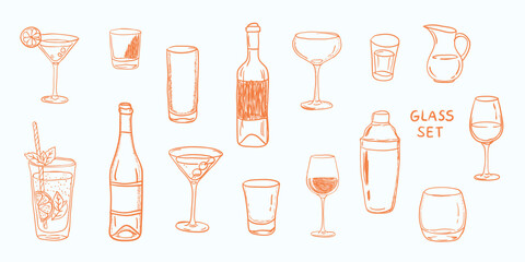 Hand drawn wine party vector elements, Hand drawn wine bottles and glasses illustration. la dolce vita.