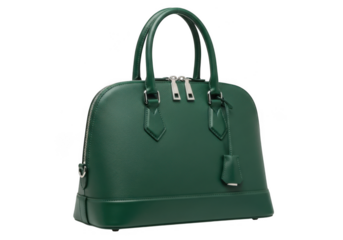A stylish green leather handbag with silver hardware, isolated on transparent background