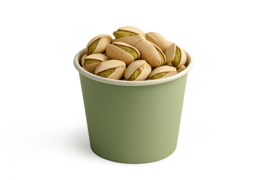 Delicious pistachios filling a green paper cup