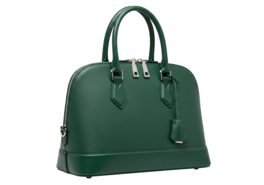 A stylish green leather handbag with silver hardware, isolated on transparent background
