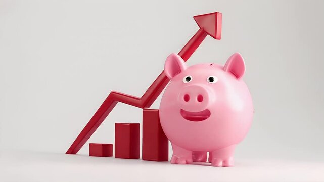 Money saving deposit financial planning concept. piggy bank with upward arrow going upwards, symbolizing growth or decrease in savings or investment.