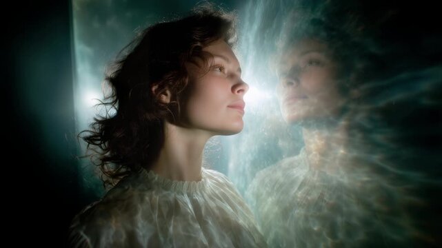 Mystical woman closing her eyes while connecting with her spiritual alter ego, a representation of her soul and higher self, in an ethereal and abstract environment with bright lights