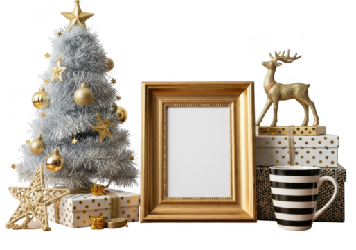 Festive christmas decoration arrangement with a silver tree, golden frame, reindeer, mug, and gifts isolated on transparent background