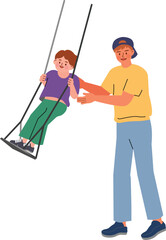 Happy Dad Pushing Son on Playground Swing