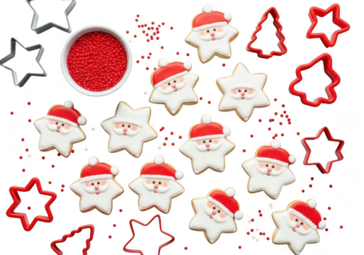 Christmas baking with santa claus cookies and star cookie cutters isolated on transparent background