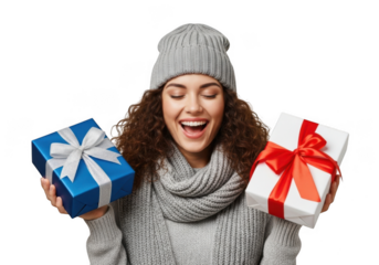 A happy woman in winter clothes holding two gift boxes, one blue and one white with red ribbon, isolated on transparent background