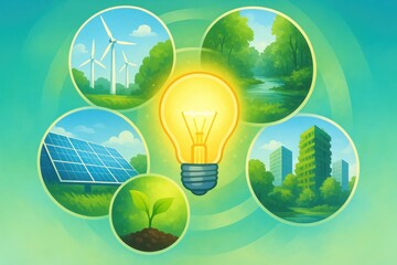 Innovative energy solutions illustrated through a light bulb surrounded by renewable resources like wind turbines and solar panels. Concept of sustainability and environmental conservation.