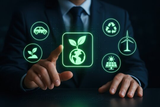 Business professional interacting with green technology icons on a digital interface, symbolizing sustainability, renewable energy, and environmental responsibility. - Powered by Adobe