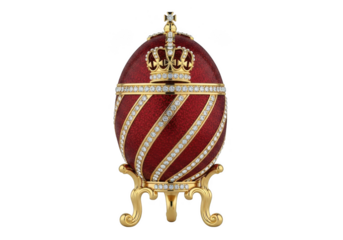 An ornate, jeweled fabergstyle egg in red and gold, displayed on a decorative stand, isolated on transparent background
